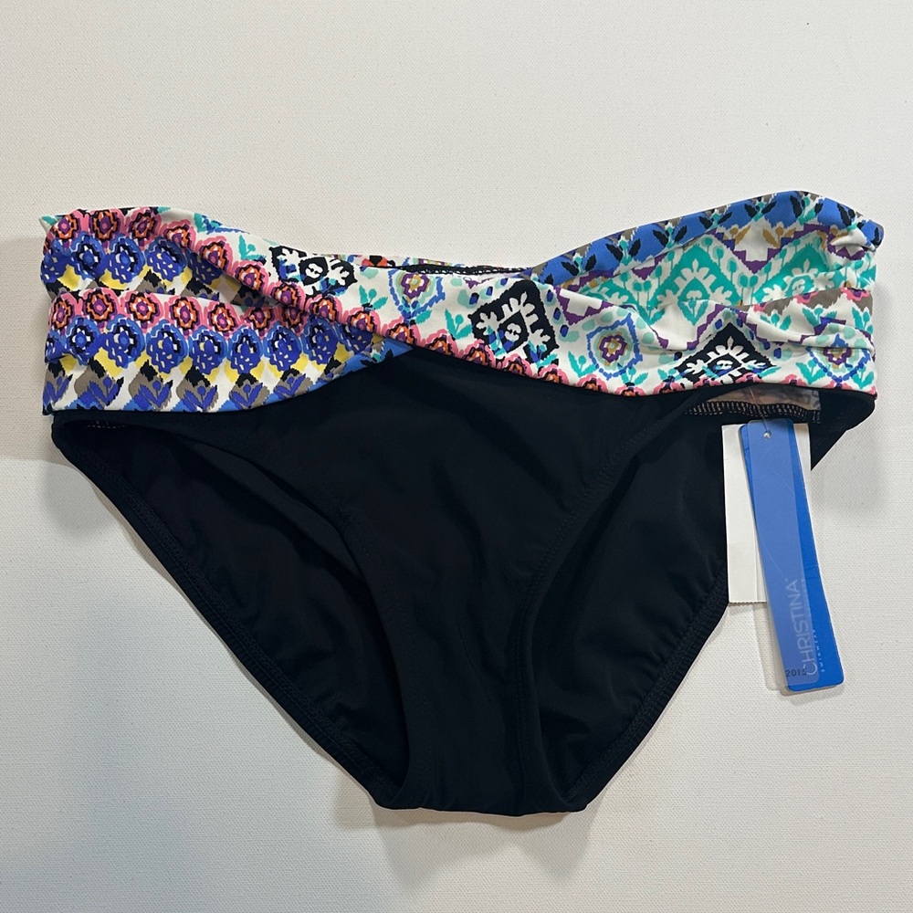 Christina Black Bikini Bottoms with Multicolor Waistband NWT US 10